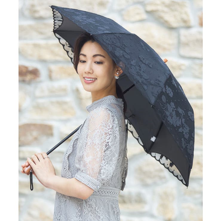 ブラック】傘 折りたたみ傘 晴雨兼用 日傘 花柄刺繍[品番：DSSW0004340