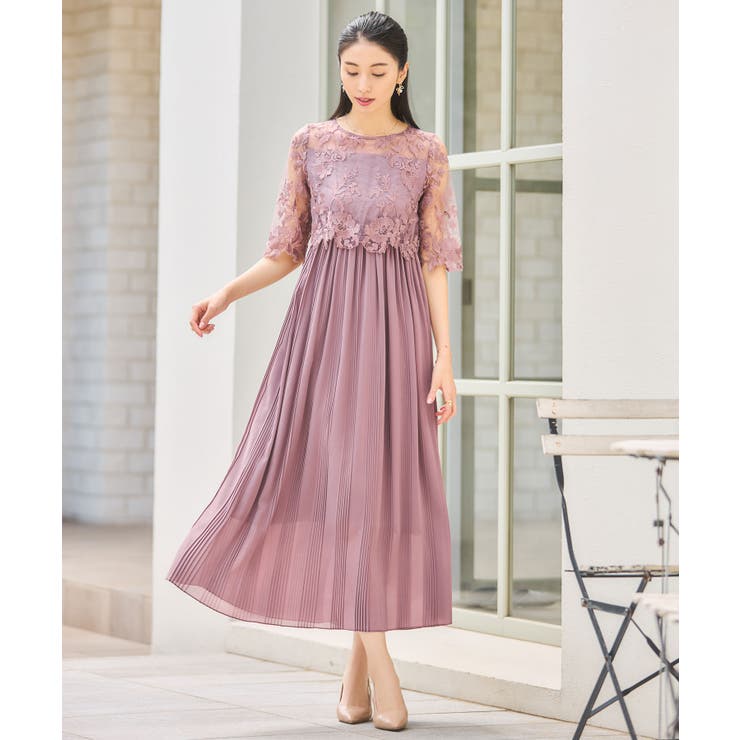 ワンピース ドレス レース プリーツ 結婚式 レース袖[品番 ワンピース ドレス レース プリーツ 結婚式 レース袖[品番