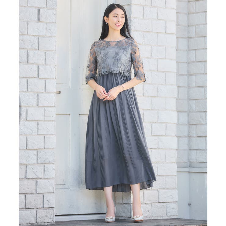 ワンピース ドレス レース プリーツ 結婚式 レース袖[品番