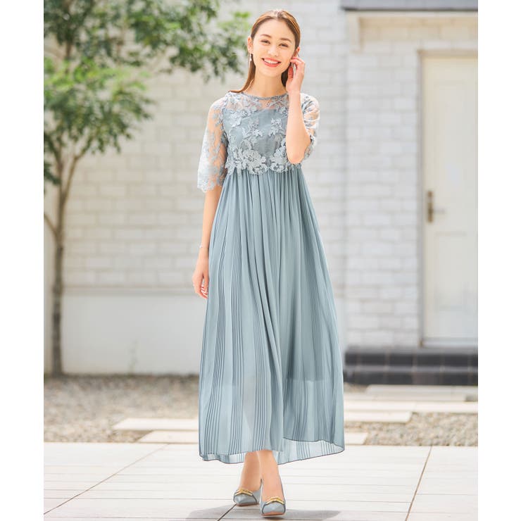 ワンピース ドレス レース プリーツ 結婚式 レース袖[品番