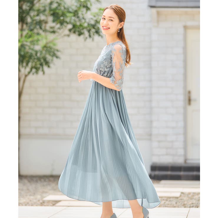 ワンピース ドレス レース プリーツ 結婚式 レース袖[品番