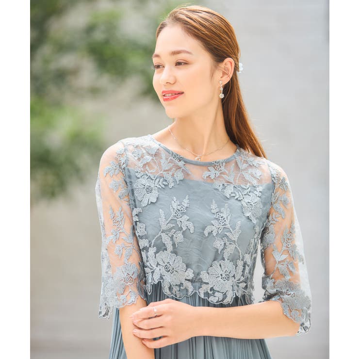 ワンピース ドレス レース プリーツ 結婚式 レース袖[品番
