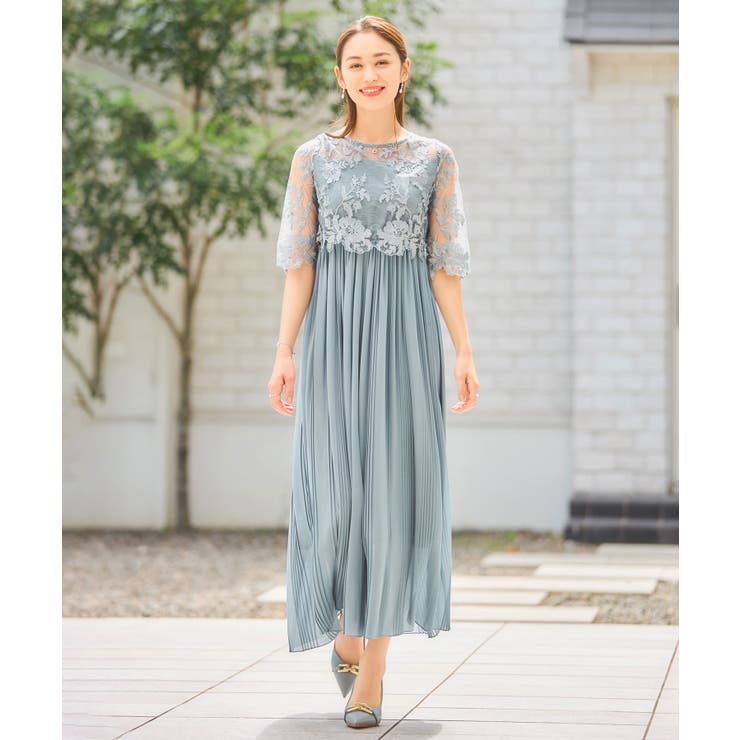 ★新品タグ付き★ オリジナル柄レース×プリーツワンピース　結婚式　二次会 ワンピース ドレス レース プリーツ 結婚式 レース袖[品番