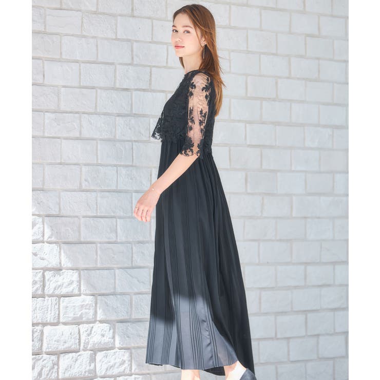 ワンピース ドレス レース プリーツ 結婚式 レース袖[品番