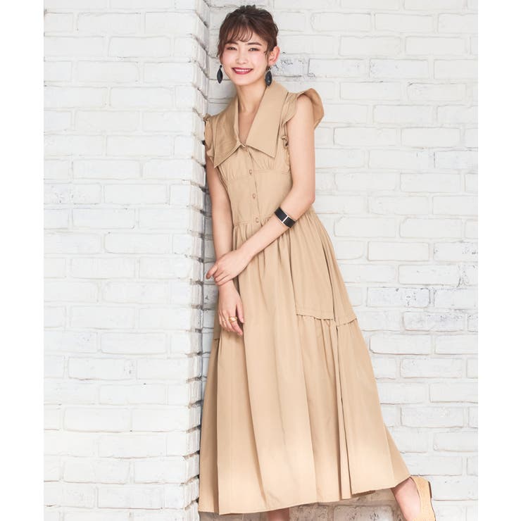 ベージュ | ワンピース ミモレ丈 ノースリーブ ワイドカラー ウエスト切替秋卒業式 成人式 | DRESS+