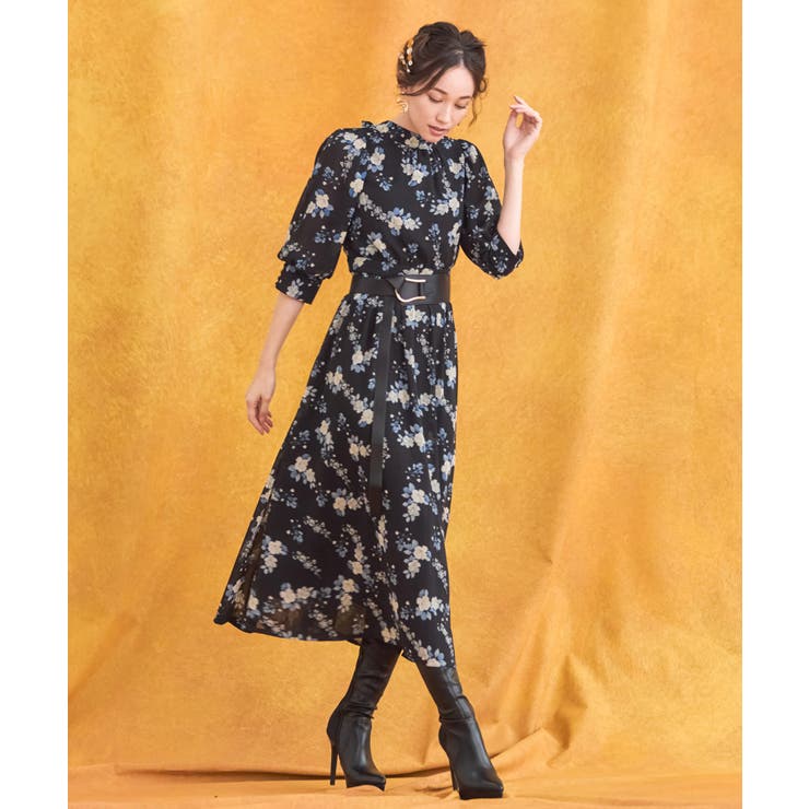 ワンピース 花柄 半袖 ミモレ丈 フレアワンピース卒業式 成人式[品番