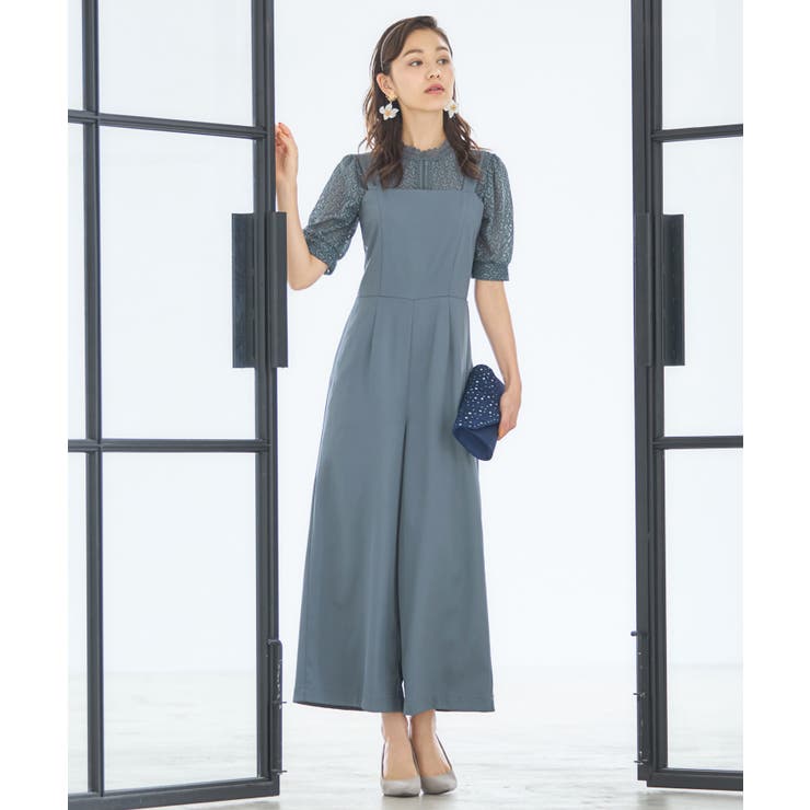 即購入可◆カナ　2L 　パンツドレス　オケージョン　サロペット　レース セール】フラワーレース ワイドシルエット オールインワン