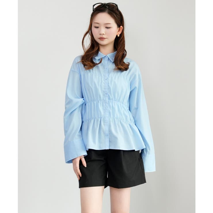 サックスブルー | ウエストシャーリング ペプラムシャツ 長袖 | DRESS+
