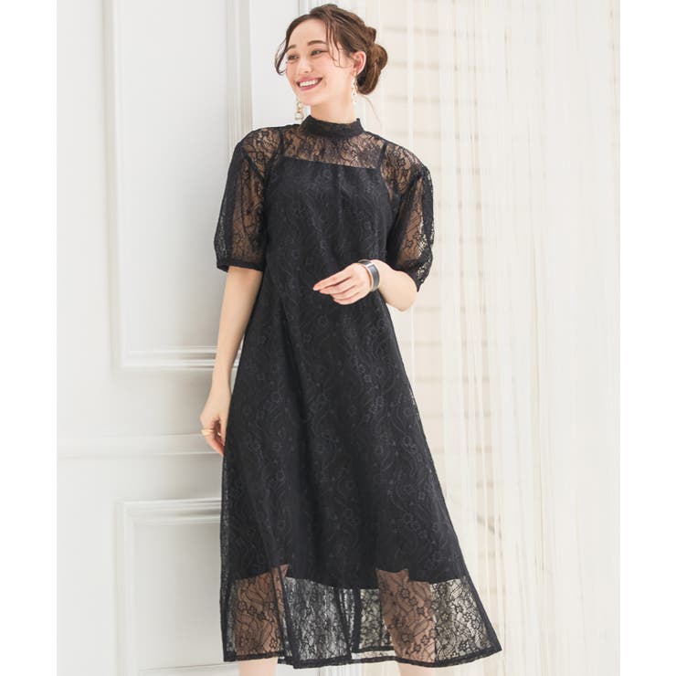 ブラック | パーティードレス ワンピース 総レース | DRESS+