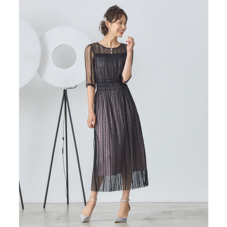 美品 ミスアシダ 切替 チュール ドレス ワンピース シアー