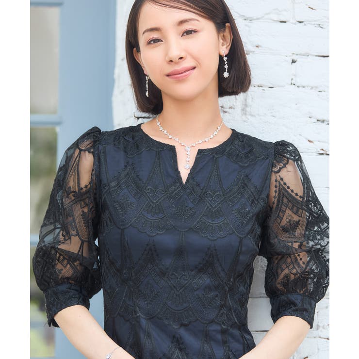 ドレス ワンピース タイト レース スカラップ 結婚式[品番