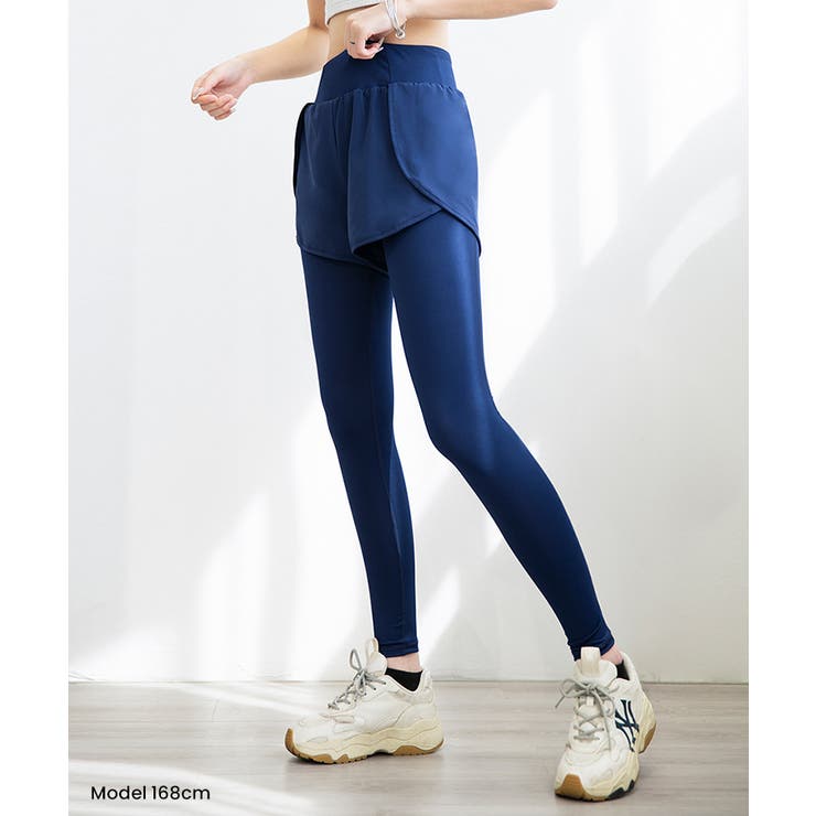 一体型レギンス ショートパンツ+レギンス 重ね着風[品番