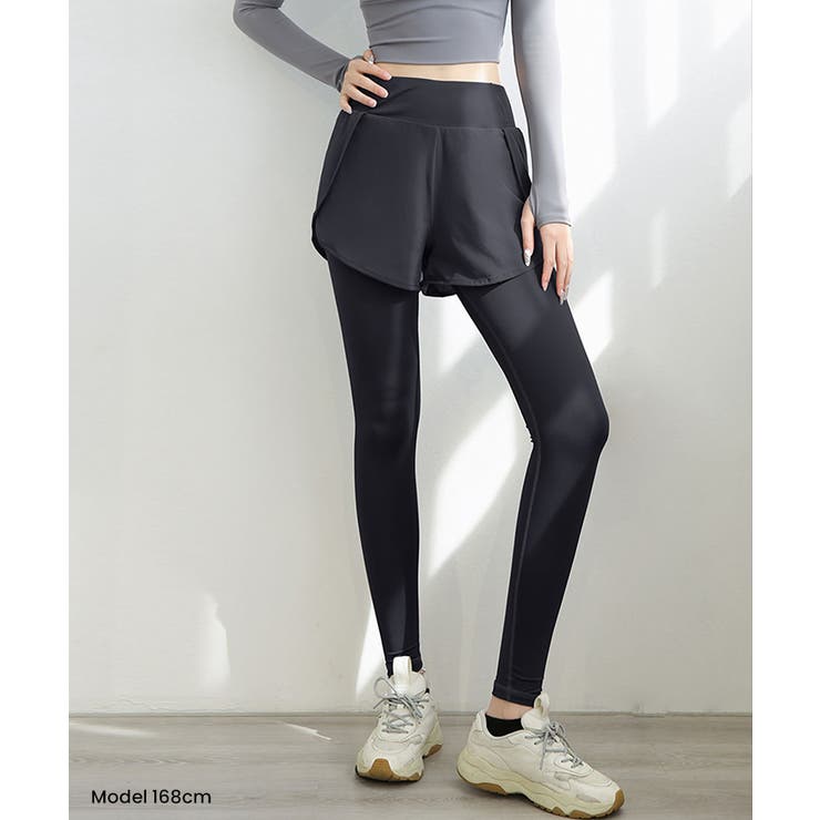 一体型レギンス ショートパンツ+レギンス 重ね着風[品番