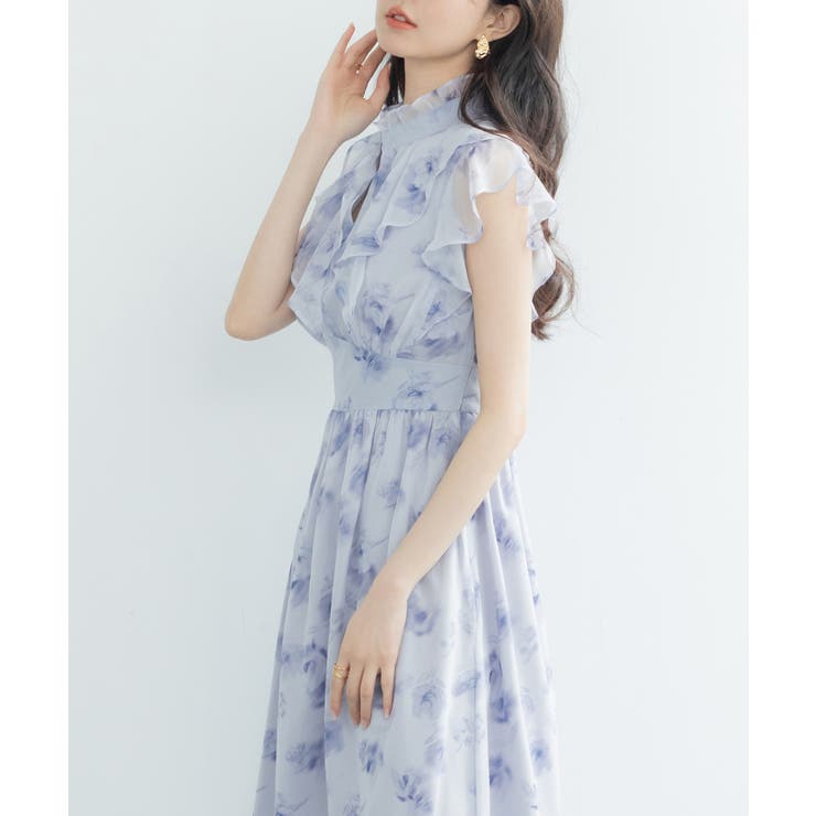 花柄シフォン生地ミモレ丈ワンピース[品番：DSSW0004798