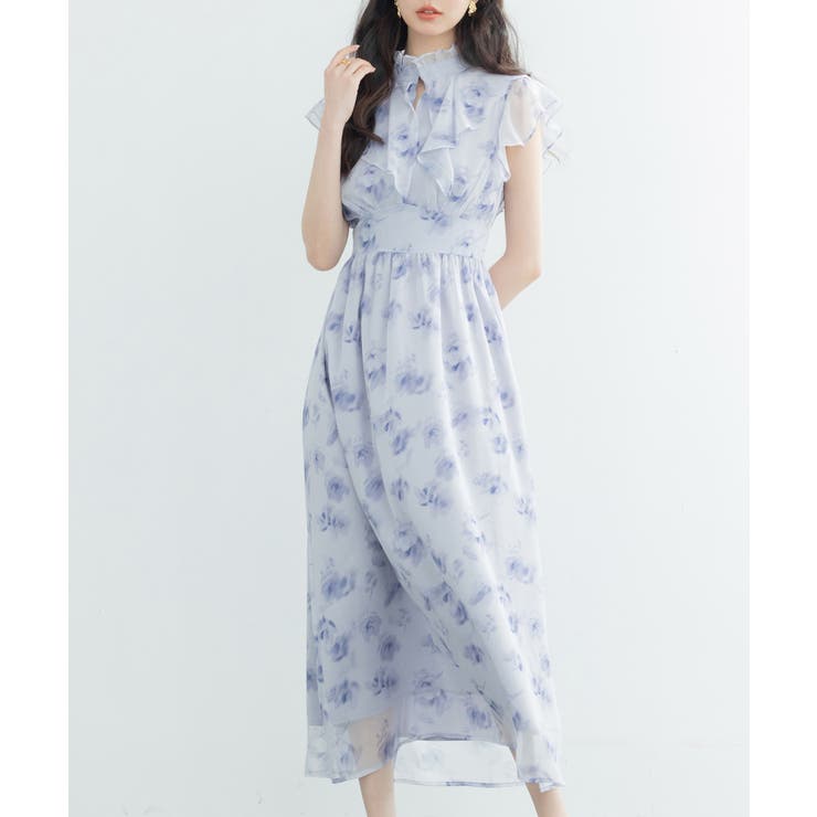 花柄シフォン生地ミモレ丈ワンピース[品番：DSSW0004798