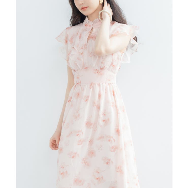 花柄シフォンひざ丈ワンピース 花柄シフォンワンピース＊Z155 | cherie ange