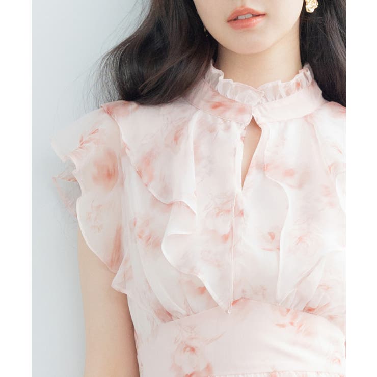 花柄シフォン生地ミモレ丈ワンピース[品番：DSSW0004798