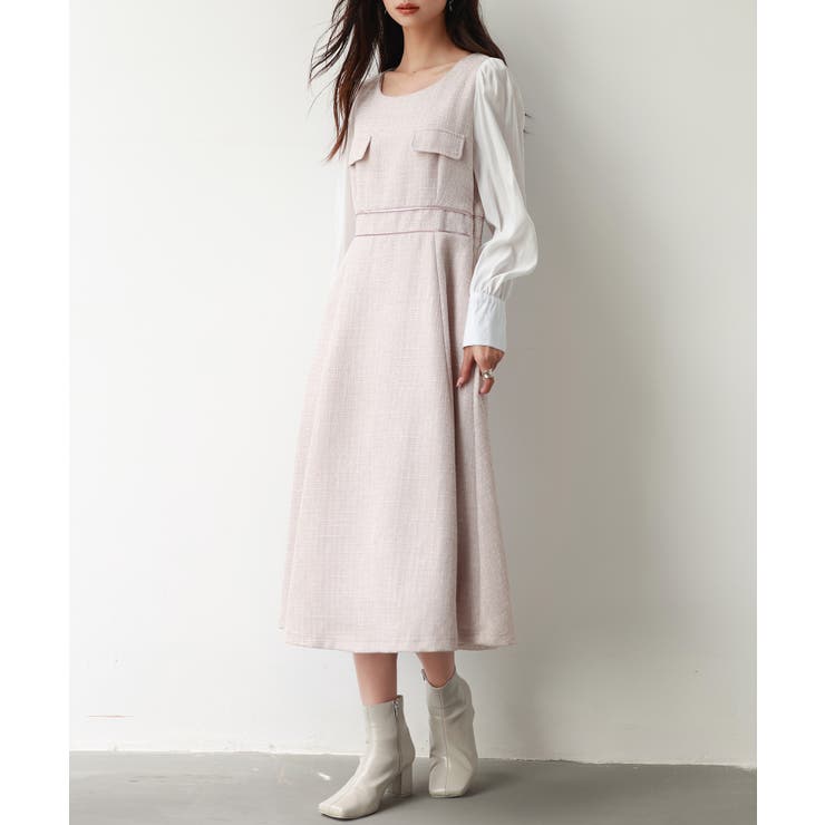 ラメツイードとシャツ袖がドッキングの異素材ワンピース | SAISON DE PAPILLON  | 詳細画像4 