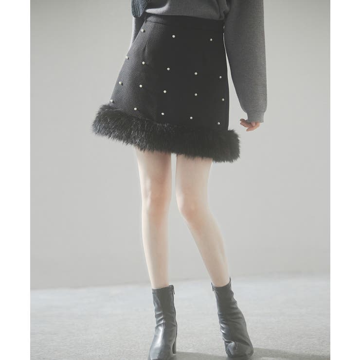 ブラック | パール付きハイウエストツイードミニスカート | SAISON DE PAPILLON 