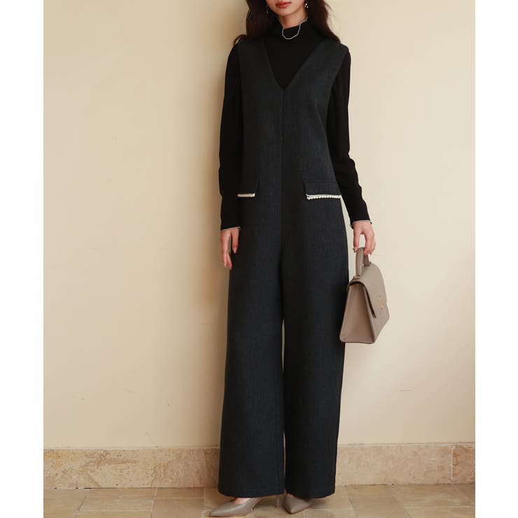 ブラック | 深Vネックツイードオールインワン | SAISON DE PAPILLON 