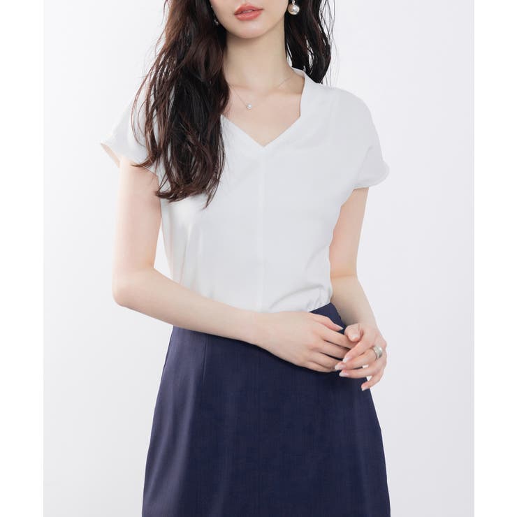 美品♪パラスパレス フレンチスリーブブラウス マルチカラー サイズ3 jc7 スタンドカラーVネックフレンチスリーブブラウス[品番