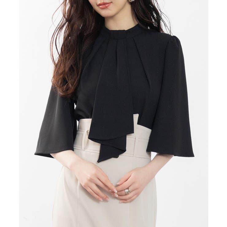 ブラック | 5分丈スリーブスタンドカラーブラウス | SAISON DE PAPILLON 