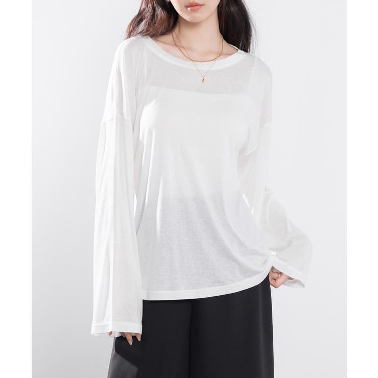 ホワイト | シアー生地長袖クルーネックトップス | SAISON DE PAPILLON 