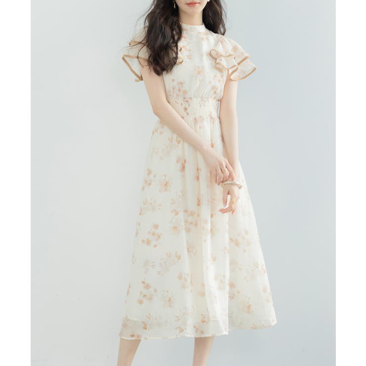 フリルスリープ花柄ミモレ丈ワンピース[品番:DSSW0004789 フリルスリープ花柄ミモレ丈ワンピース[品番:DSSW0004789