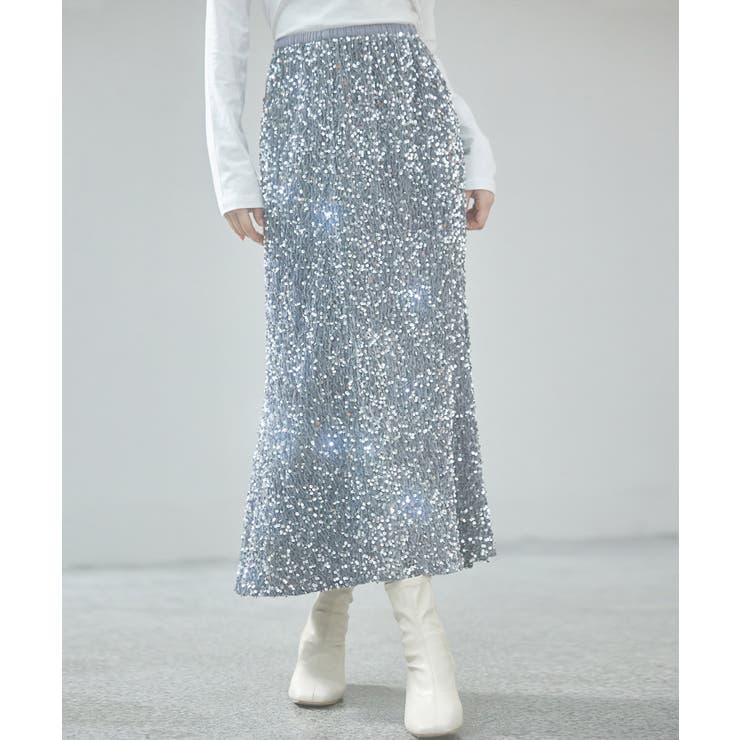 チャコール | スパンコールベロア生地フレアスカート | SAISON DE PAPILLON 