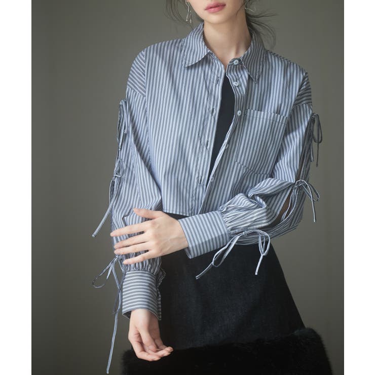 グレー | 袖リボンショート丈ストライプシャツ | SAISON DE PAPILLON