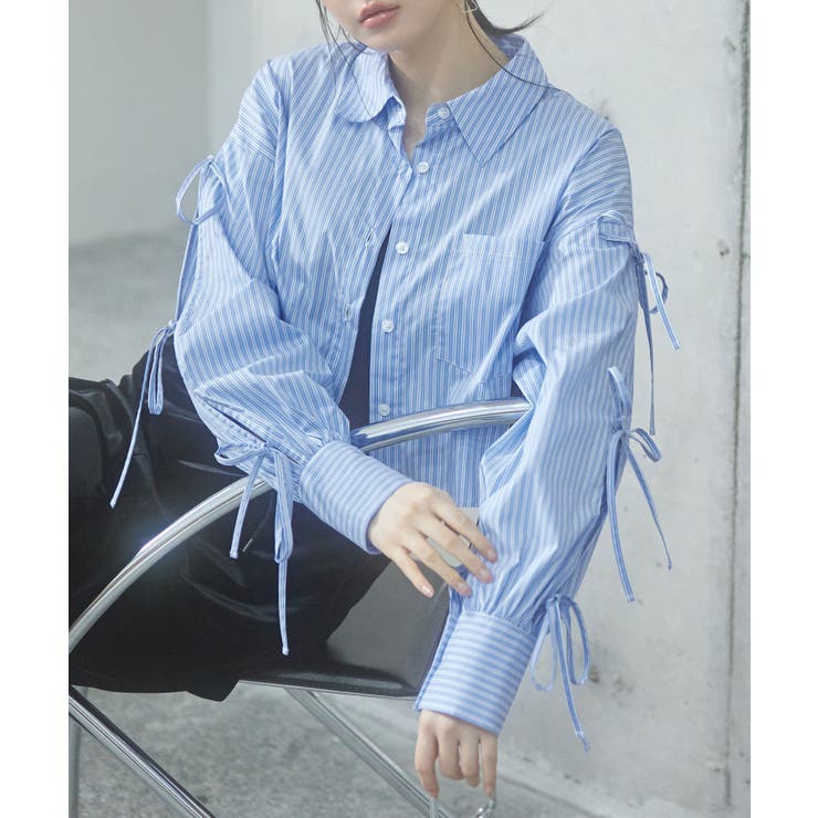 袖リボンショート丈ストライプシャツ[品番：DSSW0004905