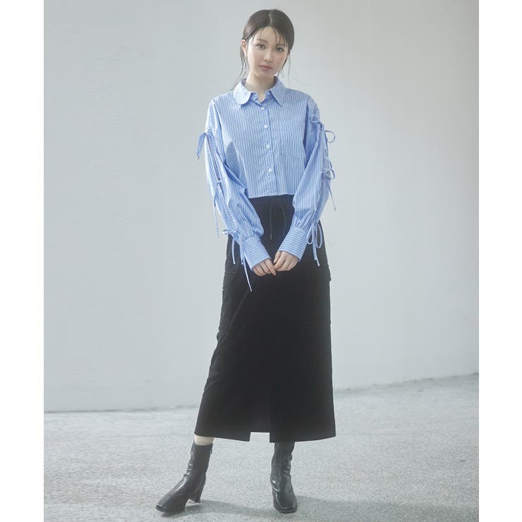 袖リボンショート丈ストライプシャツ[品番：DSSW0004905