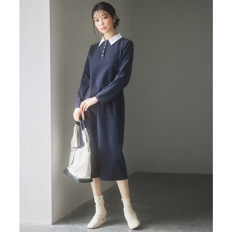 2wayネックパールボタンミモレ丈ワンピース[品番:DSSW0004985 2wayネックパールボタンミモレ丈ワンピース[品番:DSSW0004985