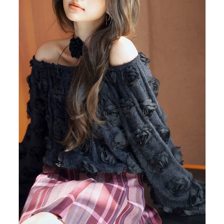 ブラック | 3Dローズフラワー2wayネックトップス | SAISON DE PAPILLON 
