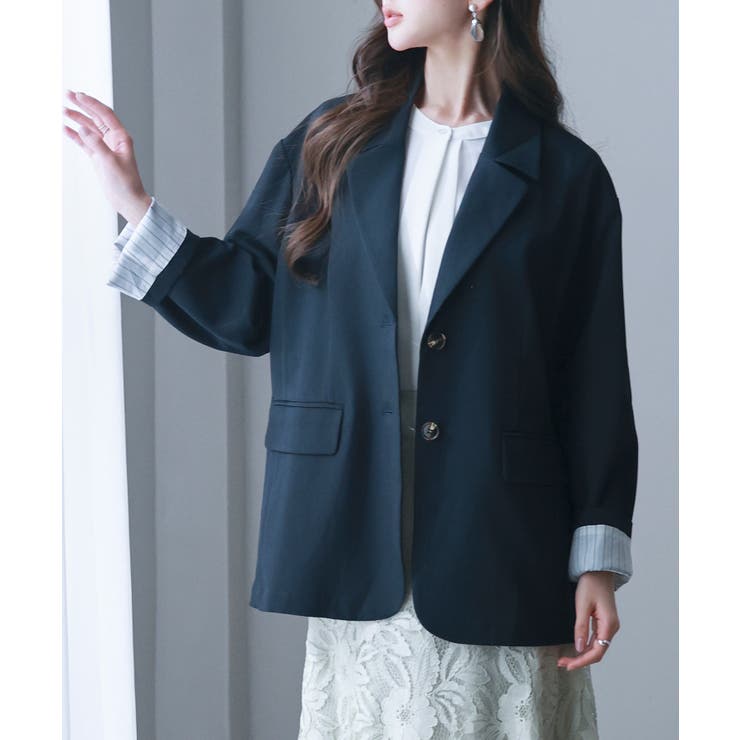 ネイビー | 袖口折り返しテーラードジャケット | SAISON DE PAPILLON 