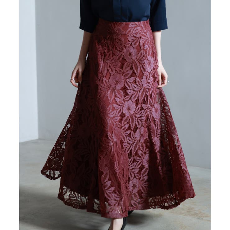 ワイン | ロング丈ハイウエスト総レーススカート | SAISON DE PAPILLON 