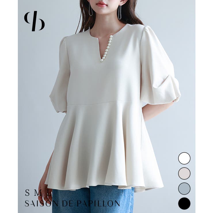 パール付きキーネックブラウス | SAISON DE PAPILLON  | 詳細画像1 