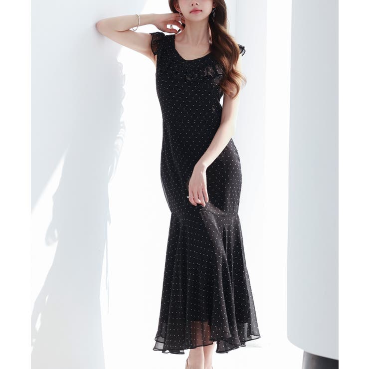 ☆半袖☆シフォン ドット ロング丈 ワンピース パーティ ドレス ドットシフォンロング丈ワンピース[品番：DSSW0005249]｜SAISON