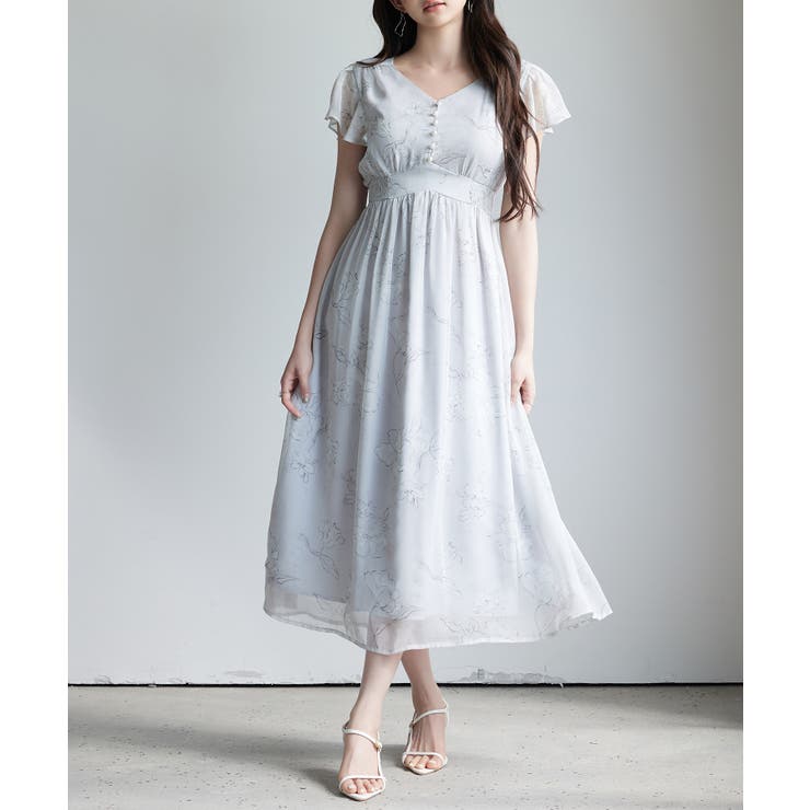 グレー | ふんわり花柄シフォンロングワンピース | SAISON DE PAPILLON 