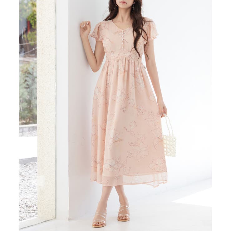 オレンジ | ふんわり花柄シフォンロングワンピース | SAISON DE PAPILLON 