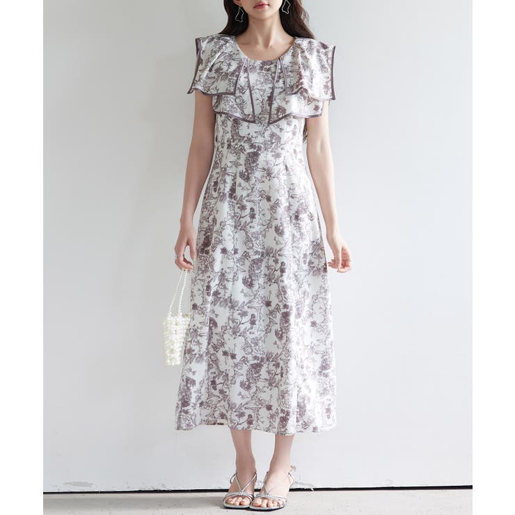 グレー | ラッフルカラー花柄ロングワンピース | SAISON DE PAPILLON 