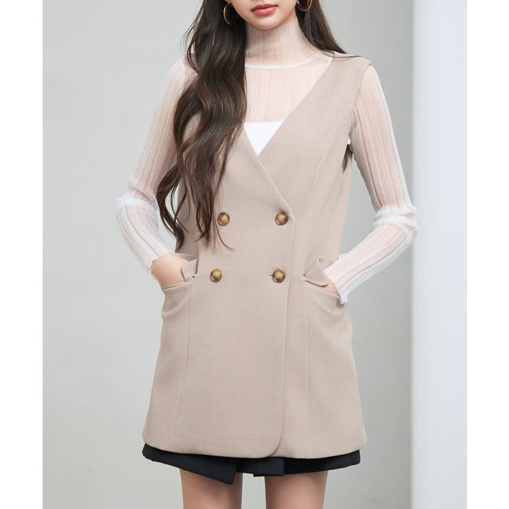 ベージュ | ノーカラーダブルブレストベスト | SAISON DE PAPILLON 