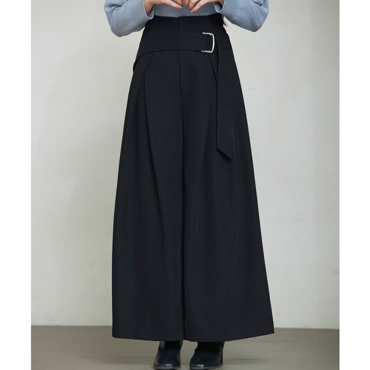 ブラック | 太めの飾りベルトワイドスラックスパンツ | SAISON DE PAPILLON 