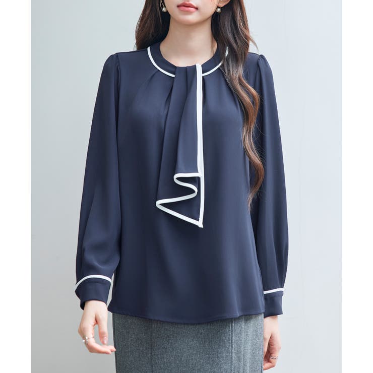 ネイビー | 首元2wayボウタイ配色ブラウス | SAISON DE PAPILLON 