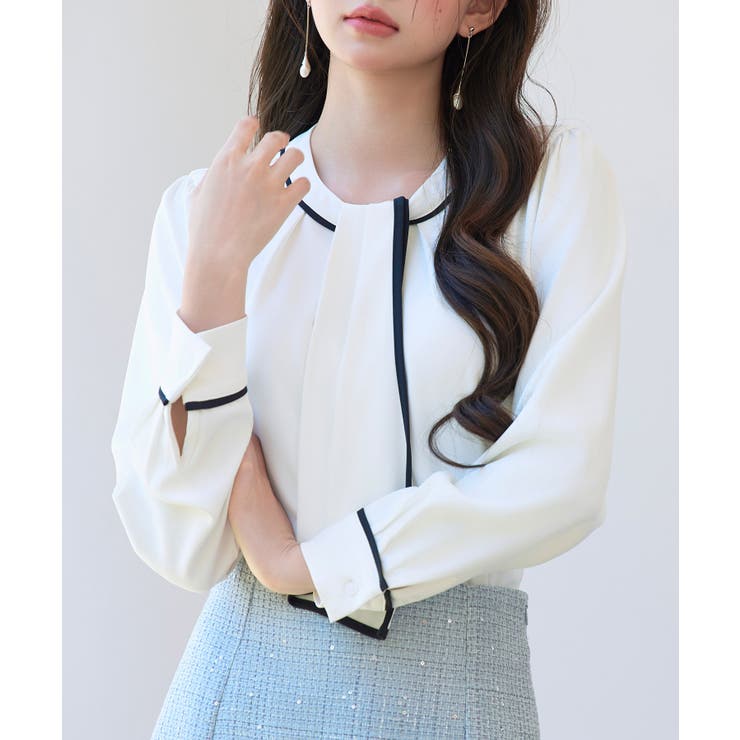 ホワイト | 首元2wayボウタイ配色ブラウス | SAISON DE PAPILLON 