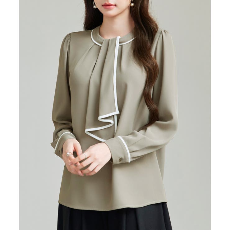 カーキ | 首元2wayボウタイ配色ブラウス | SAISON DE PAPILLON 