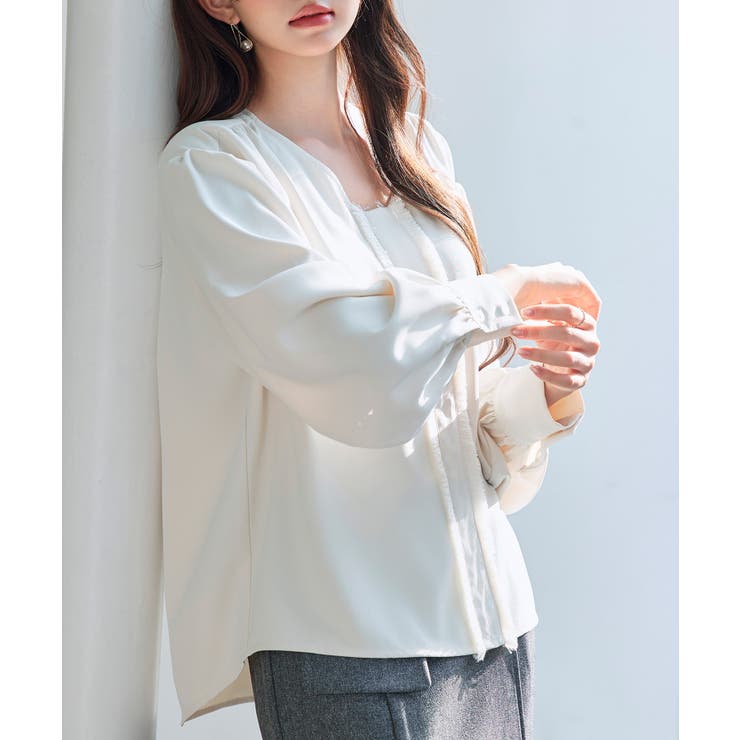 取り外し可能なボウタイリボンフリンジブラウス | SAISON DE PAPILLON  | 詳細画像4 