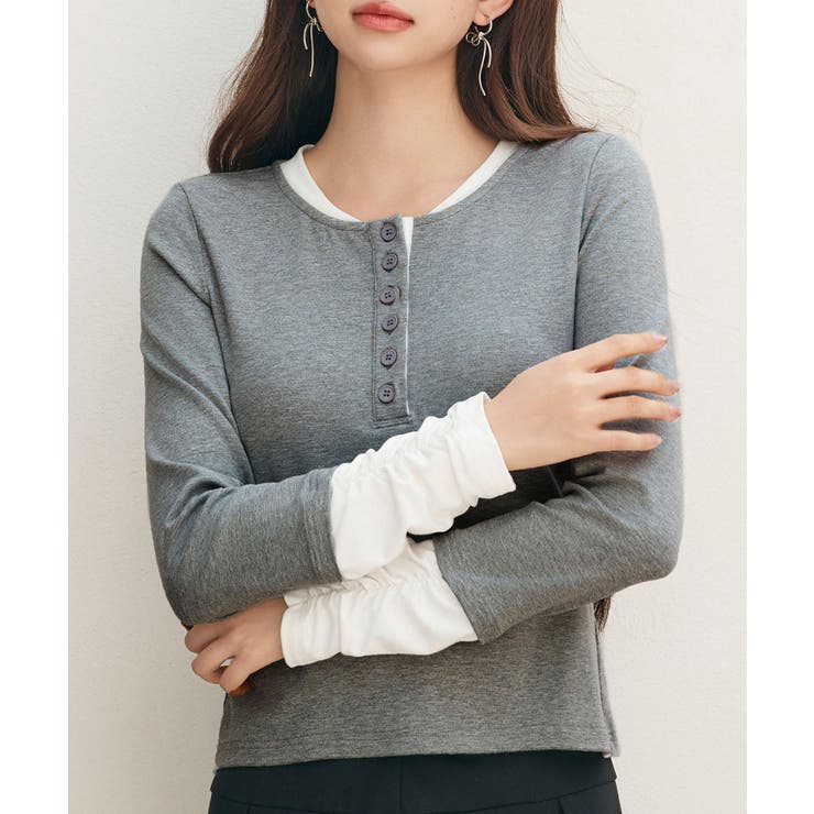 グレー | レイヤードドッキングヘンリーネックカットソー | SAISON DE PAPILLON 