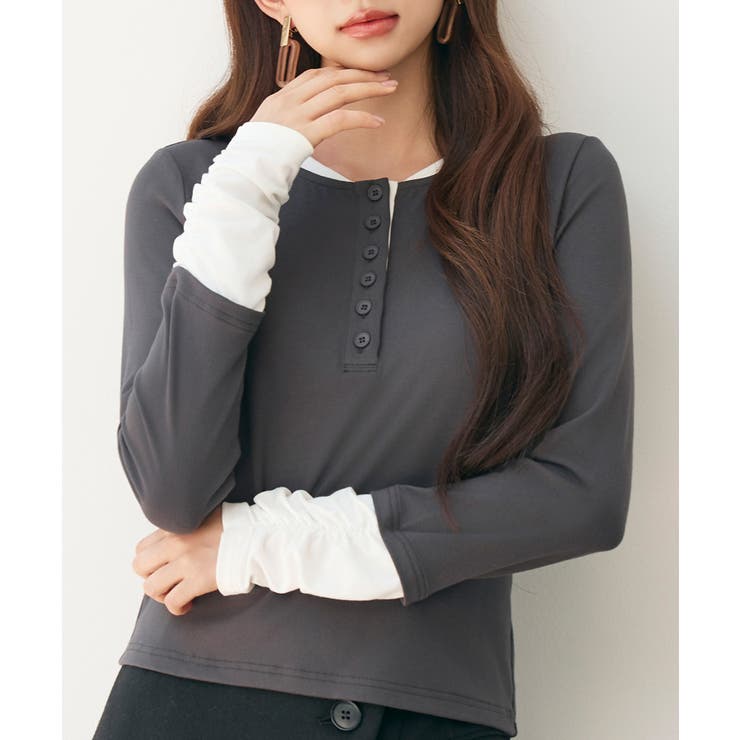 チャコール | レイヤードドッキングヘンリーネックカットソー | SAISON DE PAPILLON 