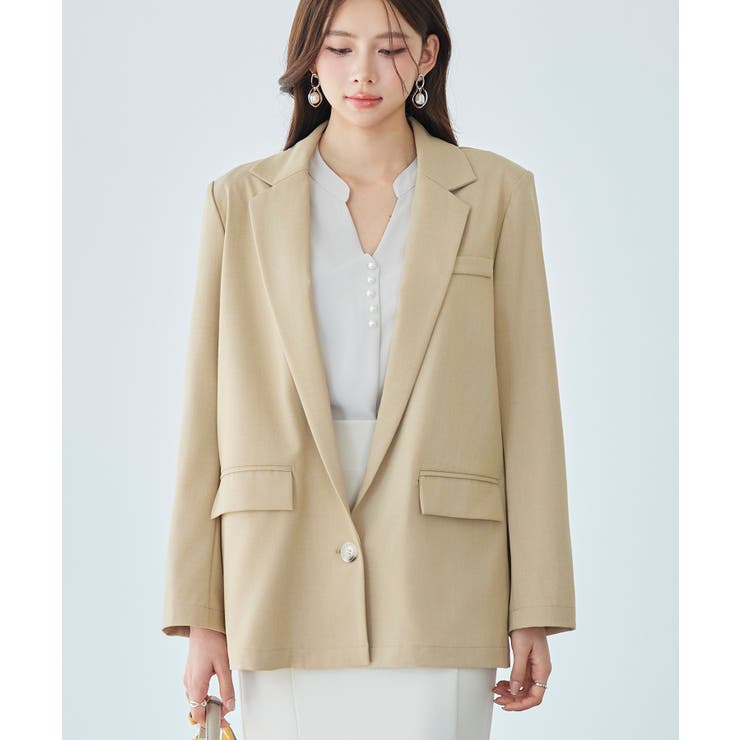ベージュ | 深めVネックワンボタンテーラードジャケット | SAISON DE PAPILLON 
